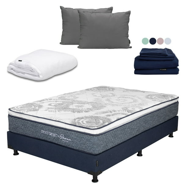 Colchón Queen Size Restonic Ghana + Box + Almohadas 2Pack + Sábanas Softy + Protector de Colchón