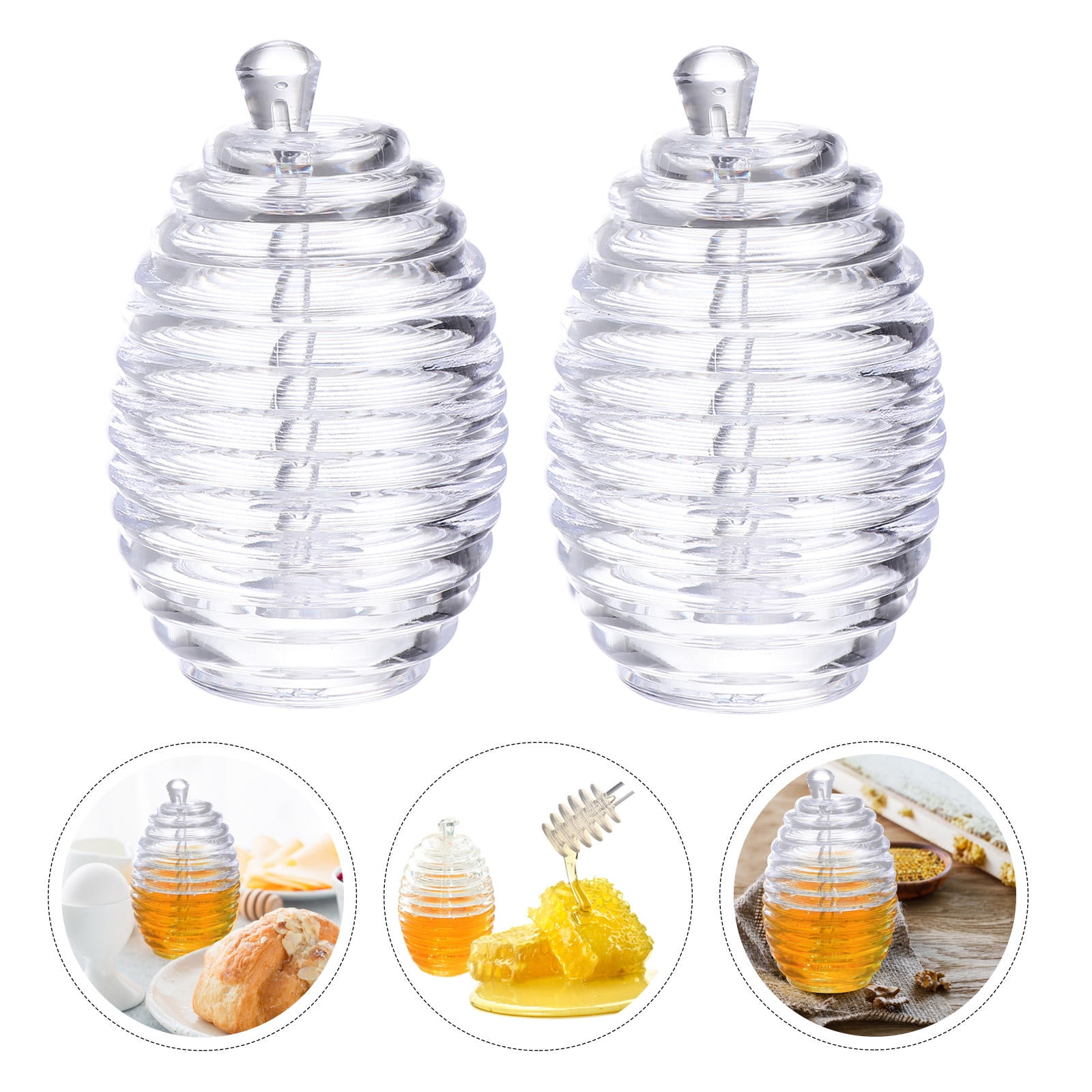WHAMVOX Set of 2 Acrylic Honey Jars with Lids and Spoons, Juice and Syrup Storage Bottles for Kitchen