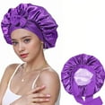 thumbnail image 1 of Double Layer Adjustable Tie Band Satin Silk Bonnet Sleep Cap for Sleeping, Double-Sided Color, 2 Pack（deep purple,Black）, 1 of 8