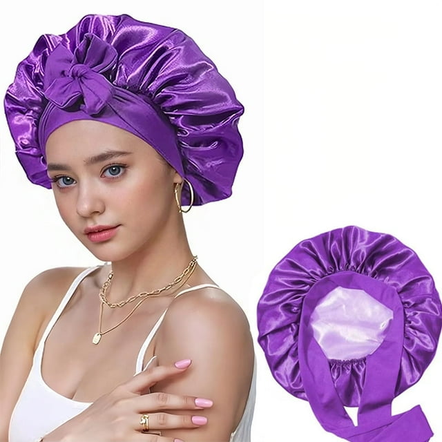 Double Layer Adjustable Tie Band Satin Silk Bonnet Sleep Cap for Sleeping, Double-Sided Color, 2 Pack(deep purple,Black)
