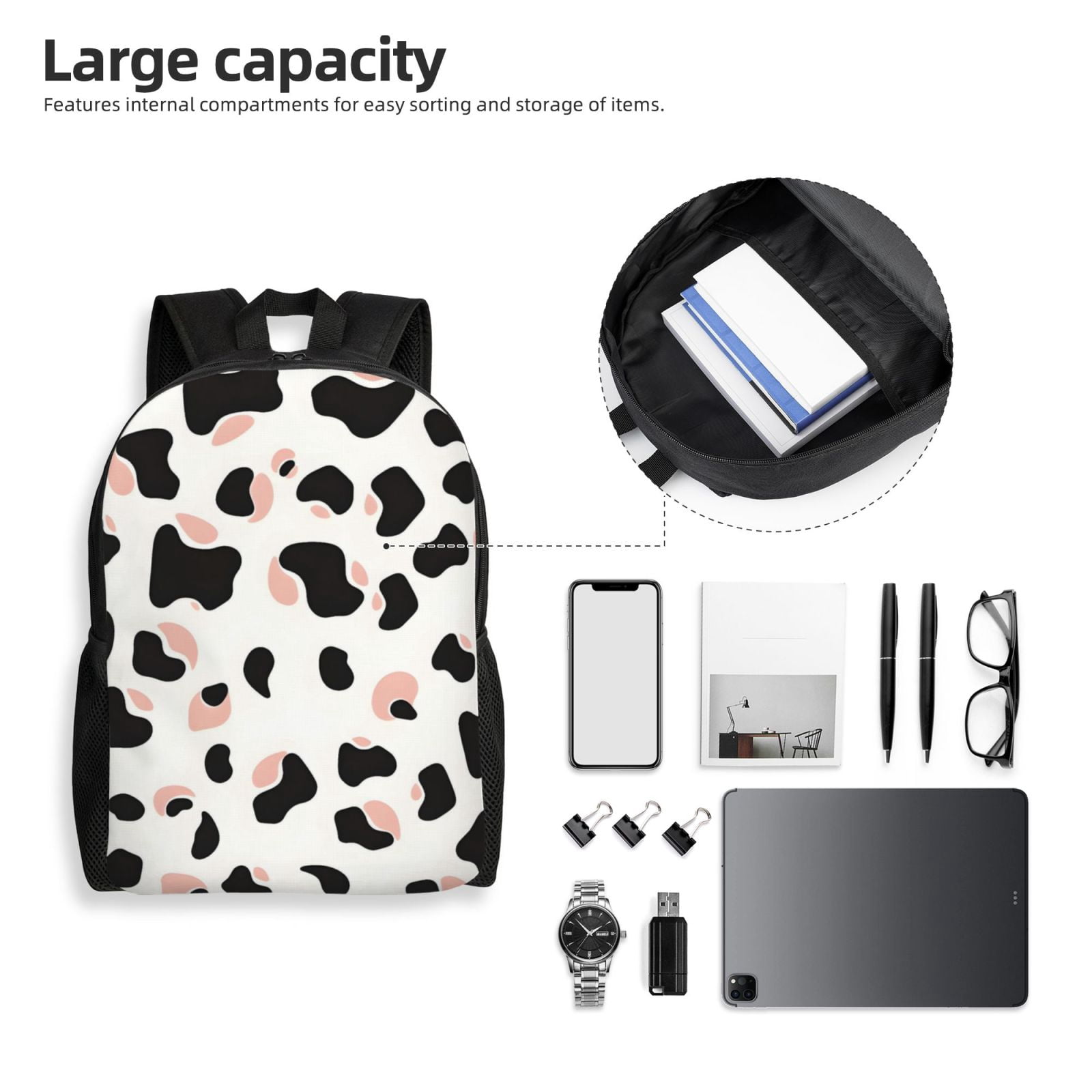 Single Side Full Backpack 16.1×11.8×4.5in Large Capacity Breathable Shoulder Belt Leisure Simple And Strong Bearing Capacity Simple Cow Print Pattern White Background, Pink And White_2