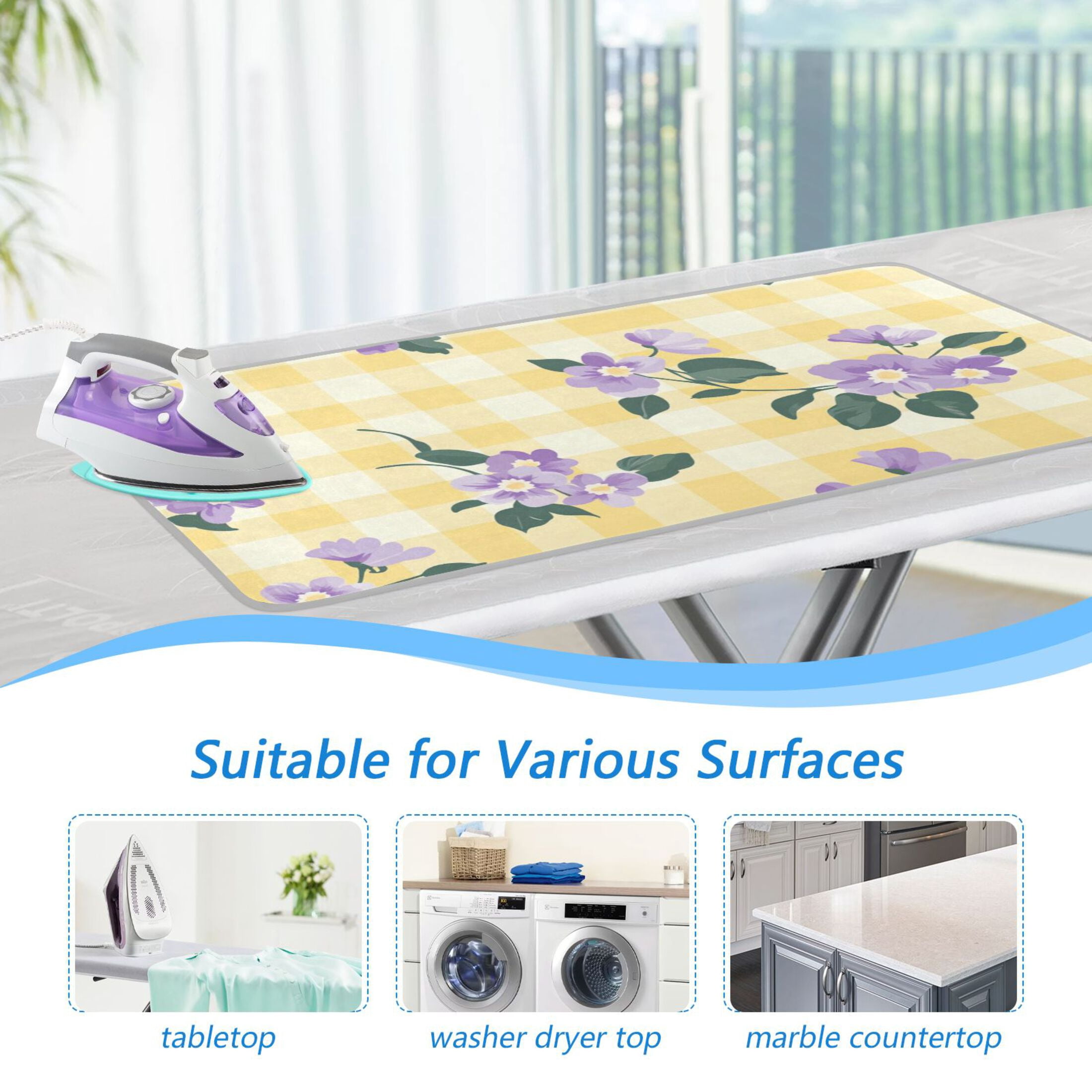 Cute Purple Flowers Leaves Yellow Plaids Ironing Mat Blanket Portable Travel Ironing Pad Heat Resistant Pad 47.2" x 27.6”