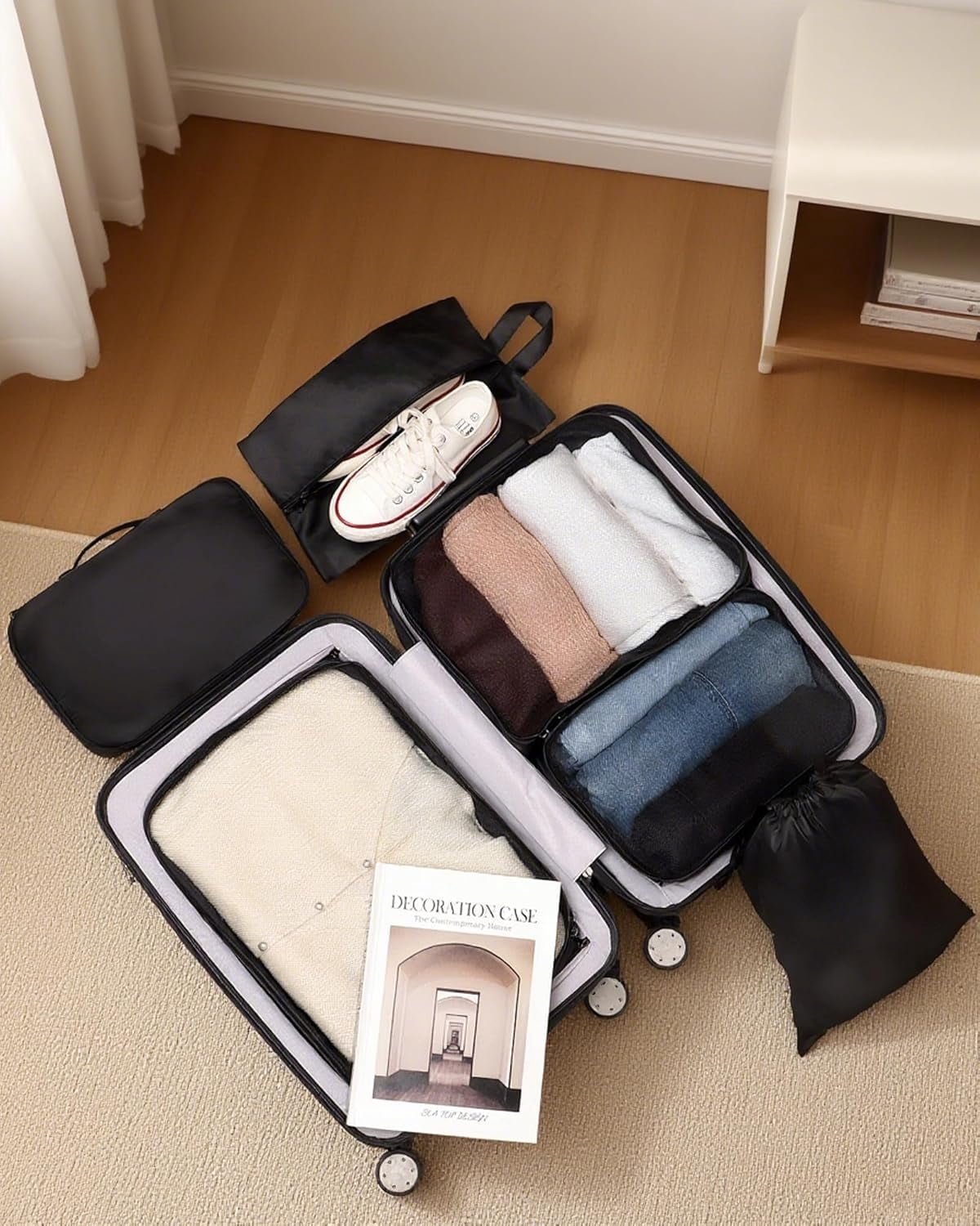 6-Piece Packing Cubes for Suitcases – Lightweight Travel Organizer Set, Space-Saving – 3 Mesh Bags + Shoe Bag + Drawstring + Underwear Bag – Black – 16.5"L x 12.6"W x 4.7"H