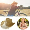 thumbnail image 1 of Visland Summer Straw Hat Hollow Out Foldable Adjustable Bead Decor Curled Edge Windproof Strap Western Cowboy Style Outdoor Cap, 1 of 8