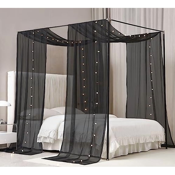 Canopy Bed Curtains with Light Princess Bed Canopy Scarf for Full/Queen Metal Bed Frame,Wood Frame Bed-2 Panel Sheer Curtain(Full/Queen,Black)