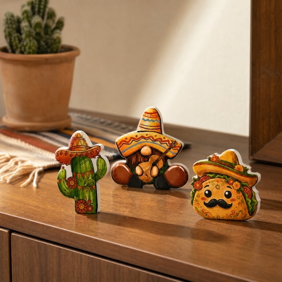 Aonerit Mexican Art Figurine Set Of 3, Tabletop Tiered Tray Decor, Party Desktop Standing Ornaments, Cultural Home Accent, Office Shelf Display, Festival Miniature Statue