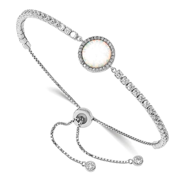 925 Sterling Silver Rhodium Plated Lab Simulated Opal and Cubic Zirconia Adjustable Bracelet 12.42mm Wide Link Bracelet