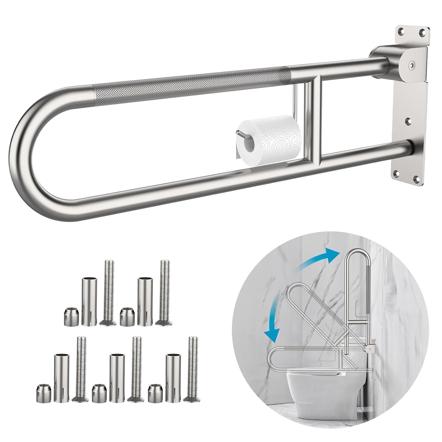 Toilet Grab Bar 30.3 Inch, ZUEXT Anti-Slip Handicap Grab Bars with Paper Holder, Flip-Up Bathroom Toilet Safety Rails, Stainless Steel Knurled Support handrails for Seniors Elderly Disabled Pregnant