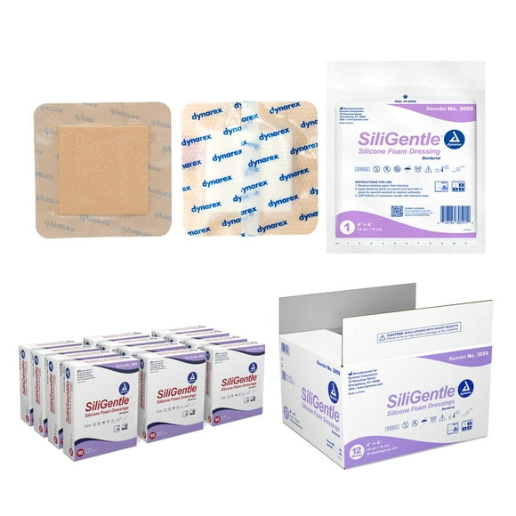 Dynarex Pansements en Mousse SiliGentle, Soins Avancés des Plaies, Imperméables et Absorbants, Pansement en Mousse 4” x 4” avec Couche de Silicone, 1 Caisse de 120 Pansements en Mousse de Silicone Adhésifs
