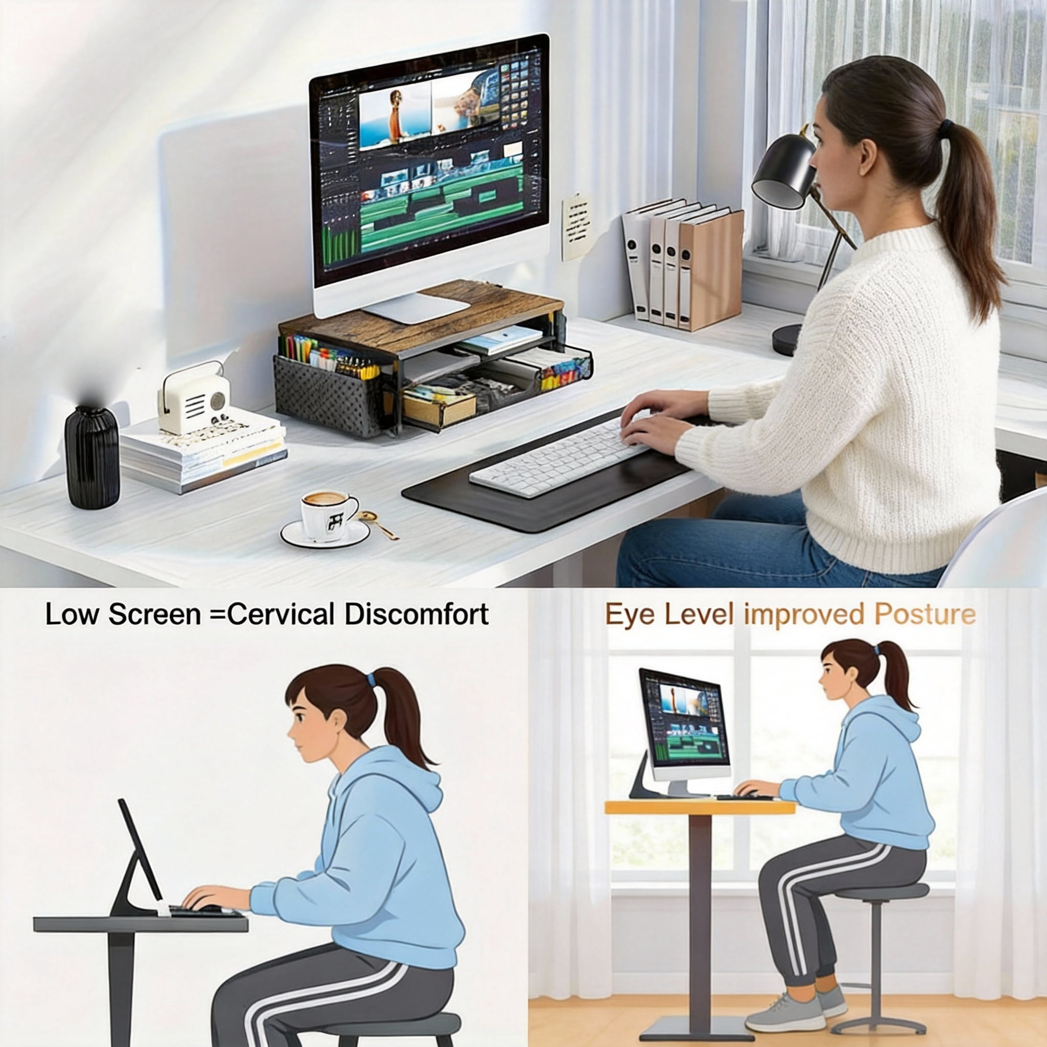 Desk Organizers and Accessories, 2 Tier Monitor Stand Riser with Drawer and 2 Pen Holder for Offices and Dormitories (Wood)