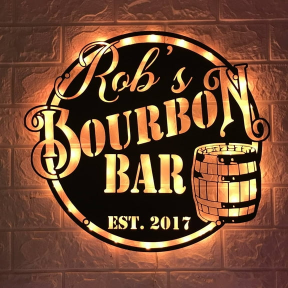 Craftnamesign Custom Bourbon Bar Metal Wall Art LED Light, Custom Home Pub Drinking Name Sign