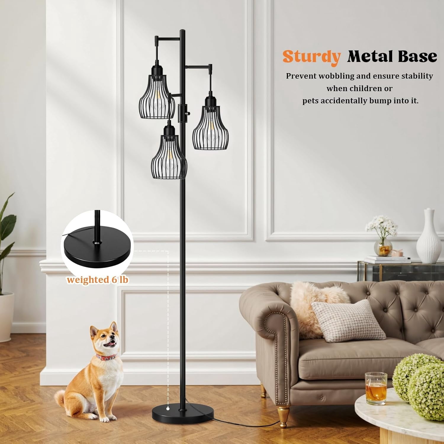 Floor Lamp, 3 x 800LM LED Edison Bulbs Included, Farmhouse Industrial Floor Lamp Standing Tree Lamp with Elegant Cage Tall Lamps for Living Room Bedroom Office - Black