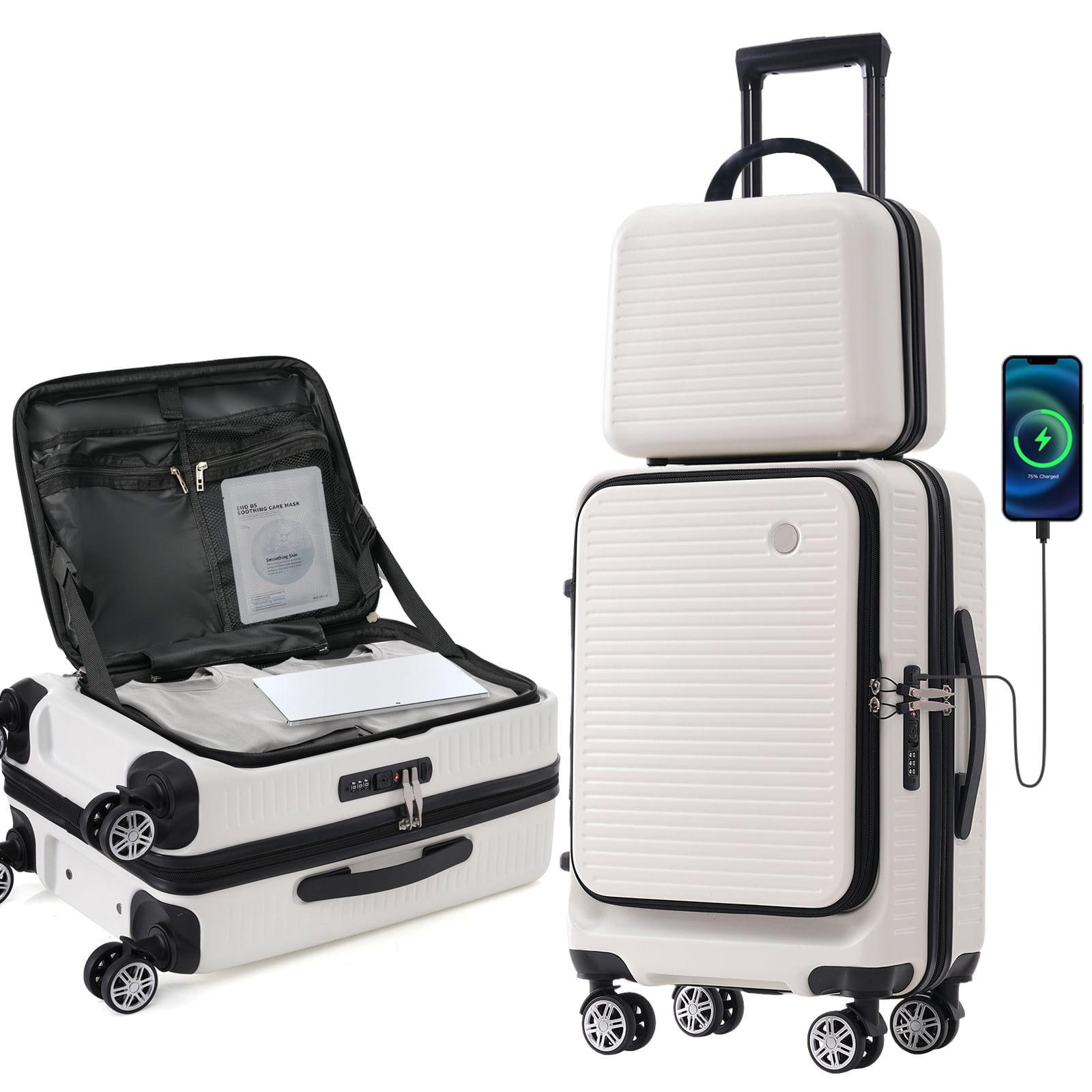 EUROCO 20" Carry On Luggage Airline Approved, Front Open Suitcase with 1 Portable Carrying Case and USB Port,White