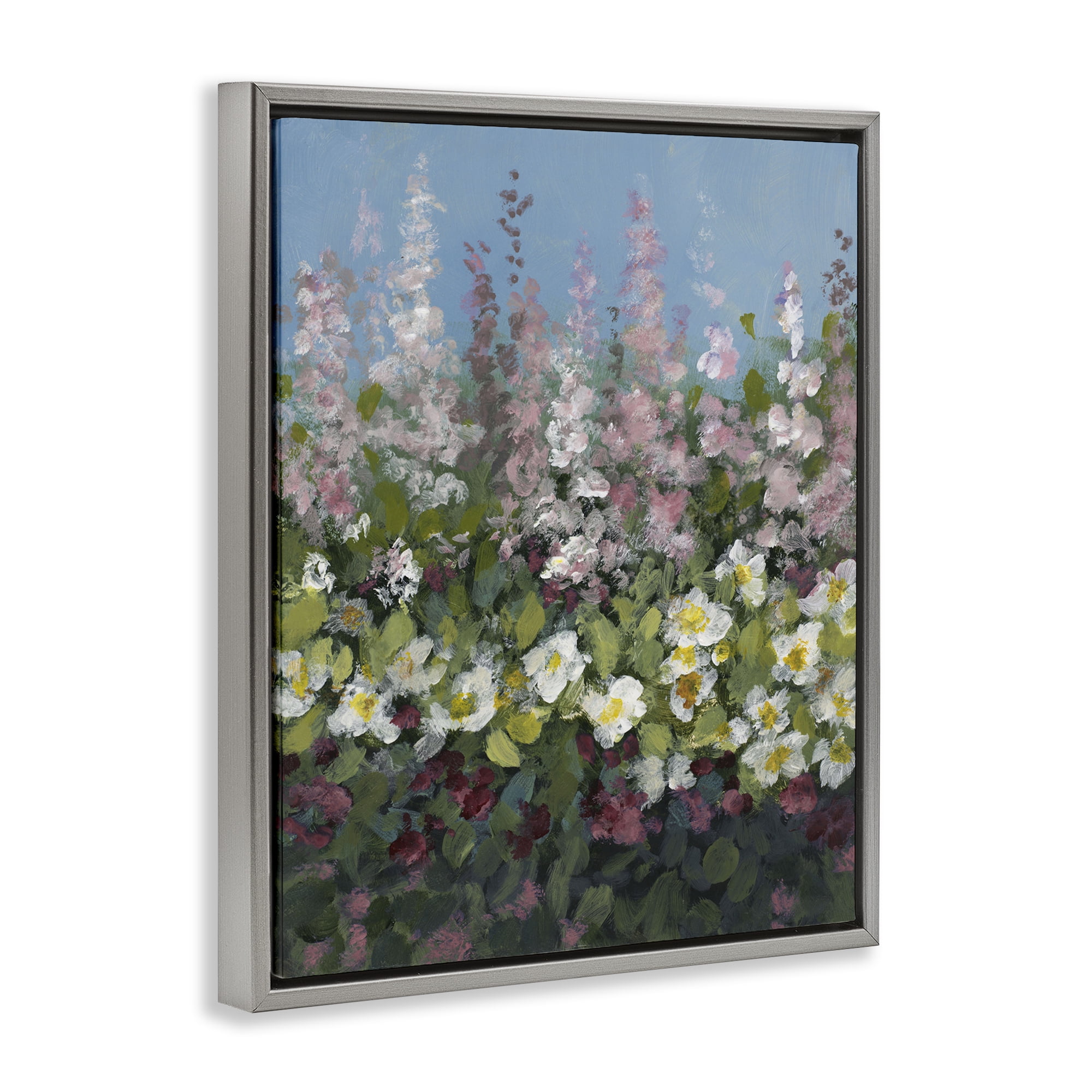Stupell Industries Garden Glory Purple Flowers Floral & Botanical Painting Gray Floater Framed Canvas Art Print Wall Art, 17 x 21