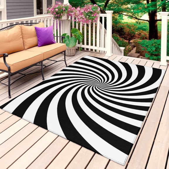 Black White Outdoor Rug for Patio/Deck/Porch, Non-Slip Large Area Rug 4 x 6 Ft, Farmhouse Striped Spiral Vortex Abstract Indoor Outdoor Rugs Washable Area Rugs, Reversible Camping Rug Carpet Runner