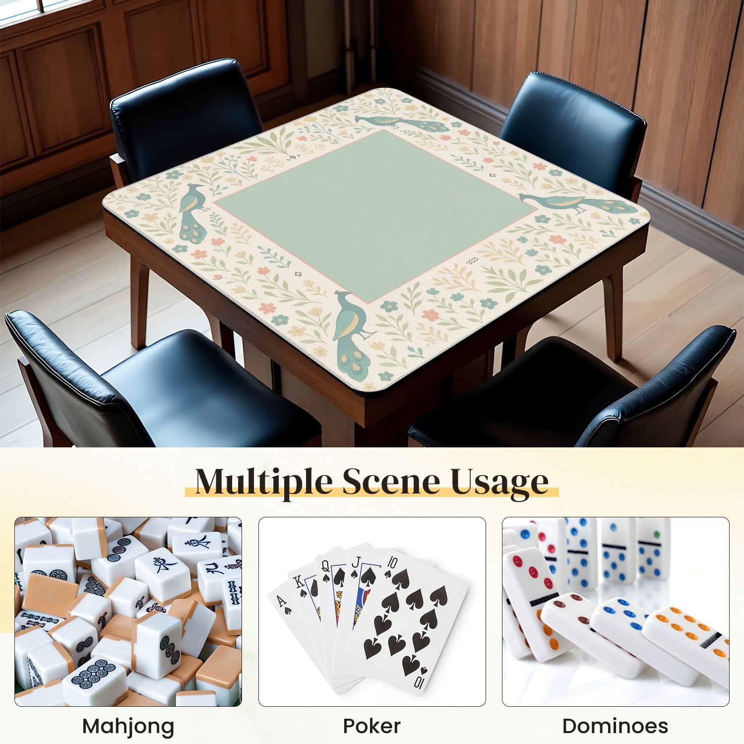 Mahjong Mat 31.5" x 31.5" Elegant Floral Border Peacocks Soft Pastel Colors Anti-Slip and Noise Reduction Symmetry Design Mahjong Tiles Table Cover for Dominoes Poker Card Board and Tile Games