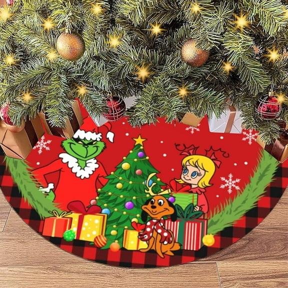 Christmas Tree Skirt, Christmas Red and Black Buffalo Plaid Rustic Xmas Tree Skirt Christmas Decorations for Party Indoor Christmas Tree Holiday Decor-48 Inch