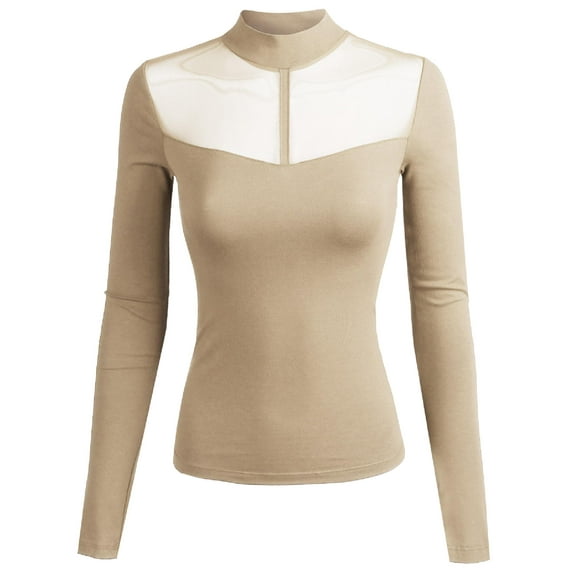 FashionOutfit Women's Fitted Long Sleeve Stretch Mock Neck Mesh Detail Top