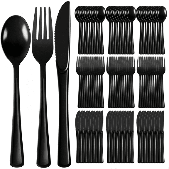 EXLEAF 150 Pcs Black Plastic Silverware Set Heavy Duty Disposable Cutlery,50 Forks 50 Knives 50 Spoons Elegant Pink Flatware for Bridal Party,Wedding,Birthday & Garden Party(150,Black)