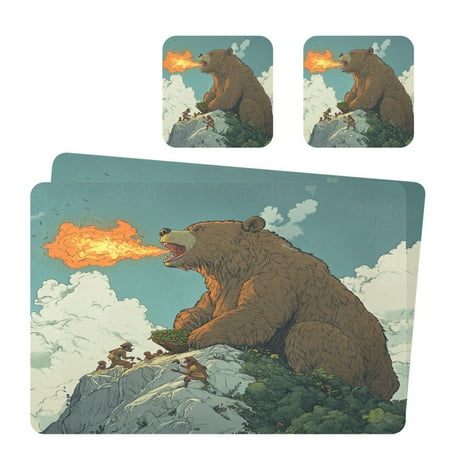 

Wobogo Flaming Brown Bear Pattern Placemats Coasters Set of 2 Heat-resistant Non-slip Easy to Clean Square Dinner Plate Mat