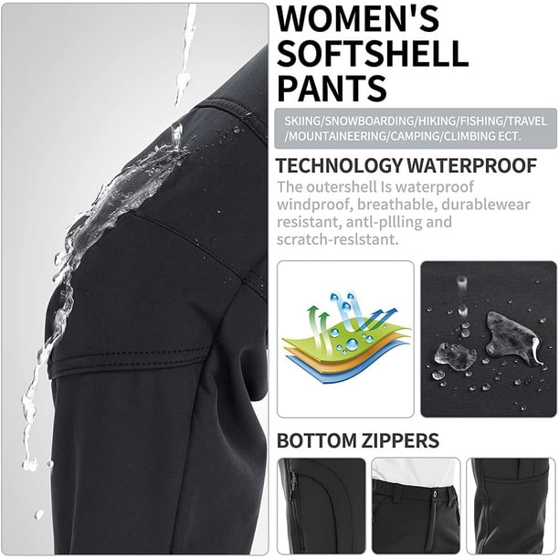 Womens Snow Pants Winter Waterproof Pants Outdoor Soft Shell Fleece Linded  Cargo Ski Hiking Pants, Black, 32 