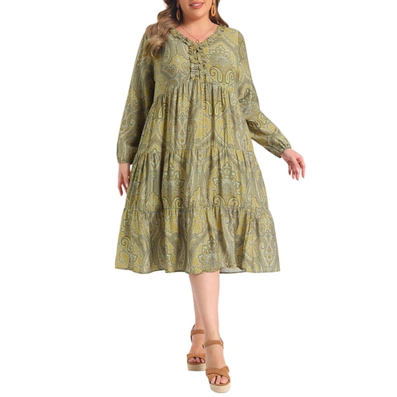 GRACE & GRANDEUR Women's Plus Size Halloween Outfits Boho Dress Ruffle V Neck Floral Print Lantern Sleeve Tiered Casual Vacation Maxi A Line Dresses with Pockets 1X Olive Green