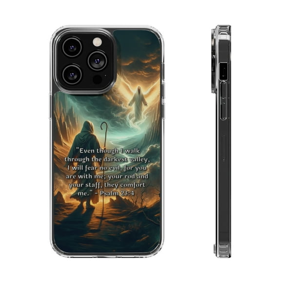 DistinctInk Hybrid (Acrylic / TPU) Clear Slim Fit Case for Apple iPhone 14 Pro MAX (6.7" Screen) - Psalm 23:4 - Finding Comfort in the Darkest Valley