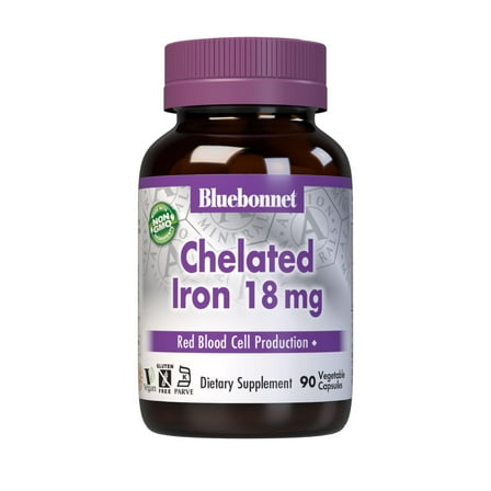 Bluebonnet Chelated Iron 18mg - Non-Constipating Iron - 90 Vegetable Capsules, 90 Servings