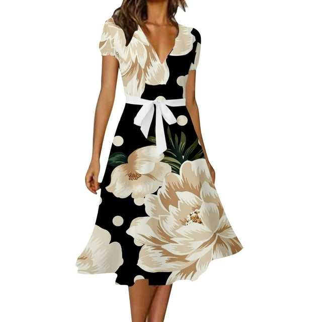QIPOPIQ Robes Midi pour Femmes à Étages à Manches Courtes Tendance Aguichant Vintage V Robe d'Été Col Imprimé Robes de Soirée Offres 2023
