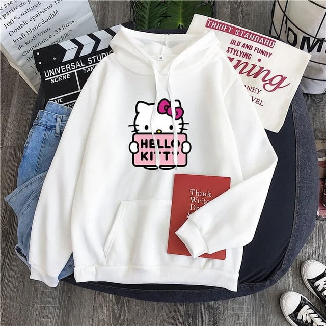 Sanrio Hello Kitty sudaderas con capucha de felpa lindos dibujos animados sudaderas con capucha de manga larga suéter suelto Tops Kawaii Anime sudaderas con capucha para mujeres