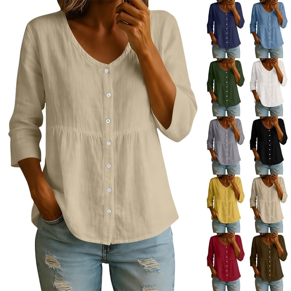 ZUBKTE Womens 3/4 Sleeve Button Down Shirts Cotton Linen Roll Up Short Sleeve Tops V Neck Casual Loose Fit Blouses S-2XL