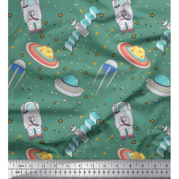 Soimoi Green Cotton Voile Fabric Star & Satellite Galaxy Printed Craft Fabric by the Yard 42 Inch Wide
