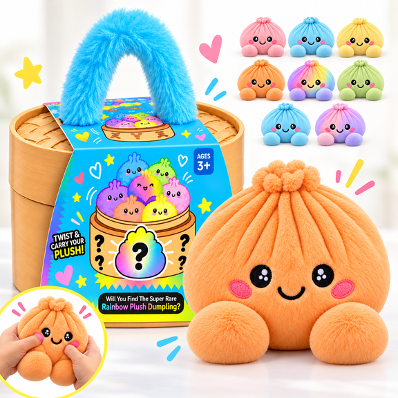 Mystery Dumpling Plush with Bamboo Steamer Packaging, Soft Squeezable Stuffed Dumpling with Embroidered Face and Rounded Feet, Mystery Plush Dumplings for Office Display, Relaxation and Gifts