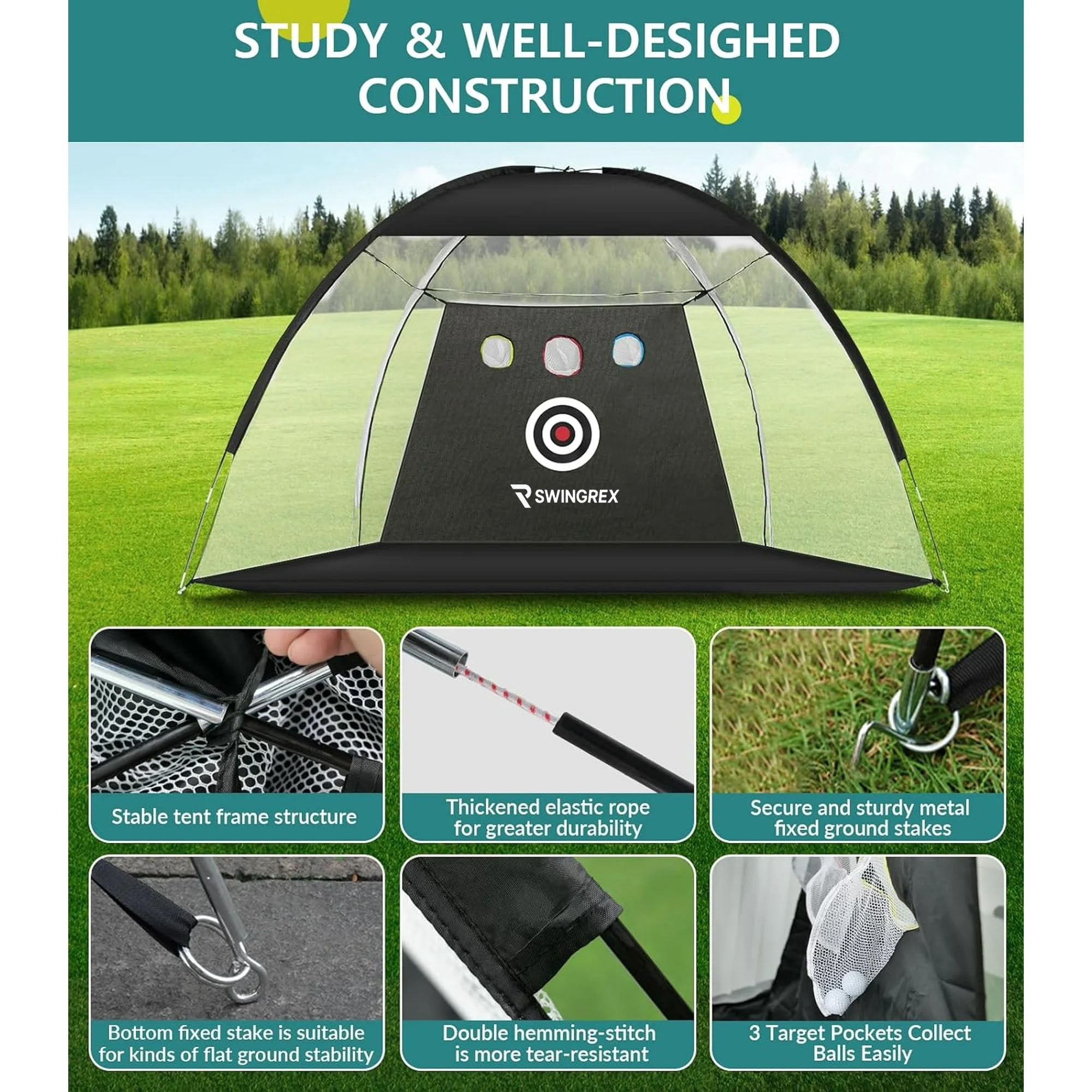 SwingRex 10x7FT Golf Net for Home Swing Training with Mat, Target & Balls