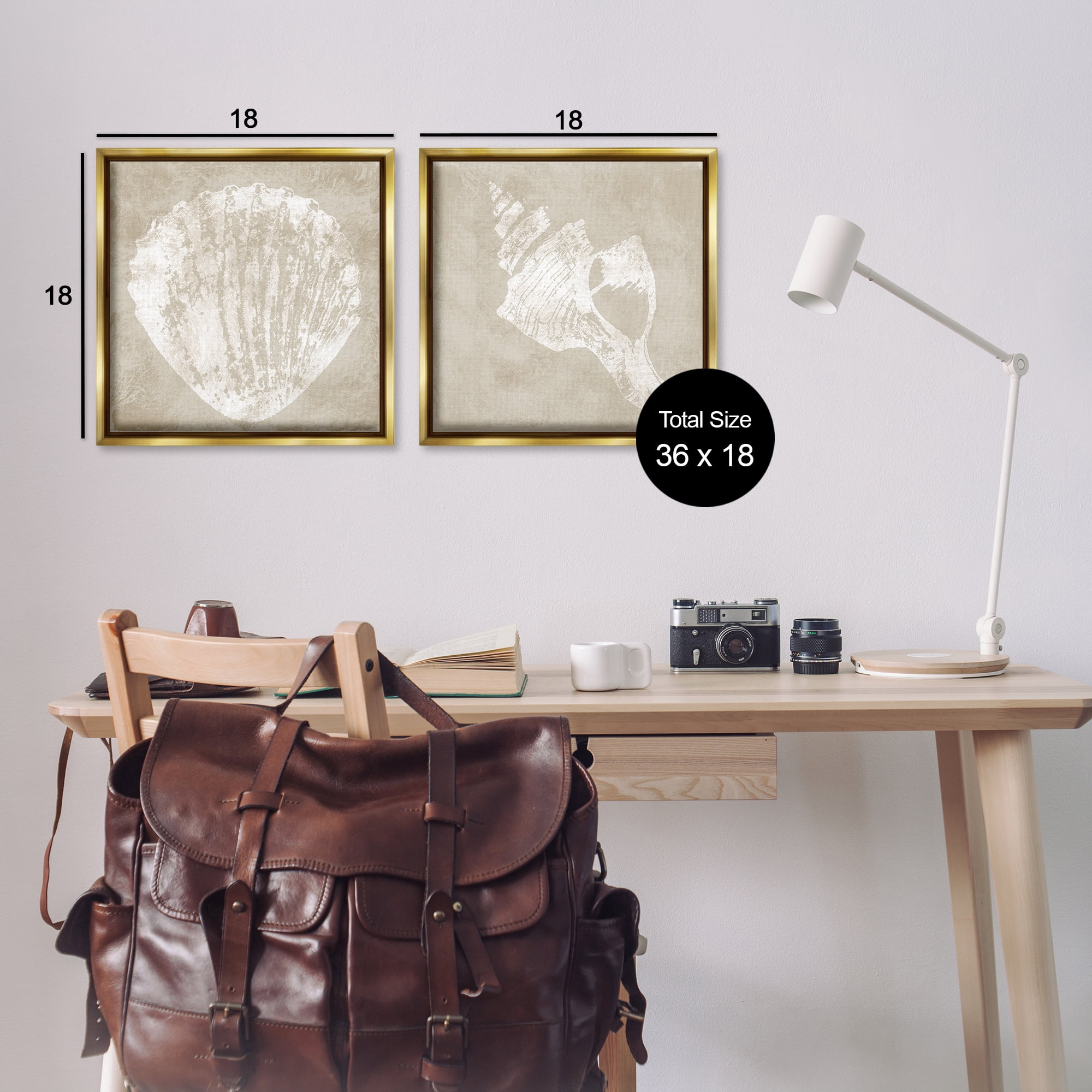 Stupell Industries Rustic Abstract Seashells Nautical & Beach Painting Gold Floater Framed Canvas Art Print Wall Art, 18 x 18, Set of 2