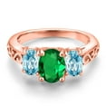 thumbnail image 3 of Gem Stone King 18K Rose Gold Plated Silver Green Nano Emerald and Blue Zircon Filigree Style 3 Stone Ring for Women (2.05 Cttw, Oval 8X6MM and 6X4MM) (Size 9), 3 of 6