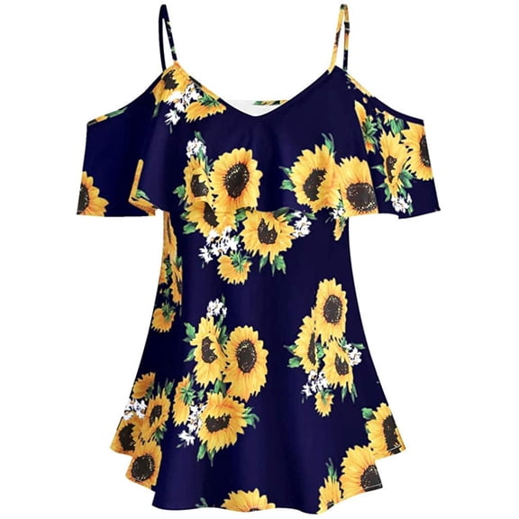 TIHLMK Womens Short Sleeve Tops Fashion Women Sunflower Printed Camis Short Sleeve Ruffles Cold Shouder Tops
