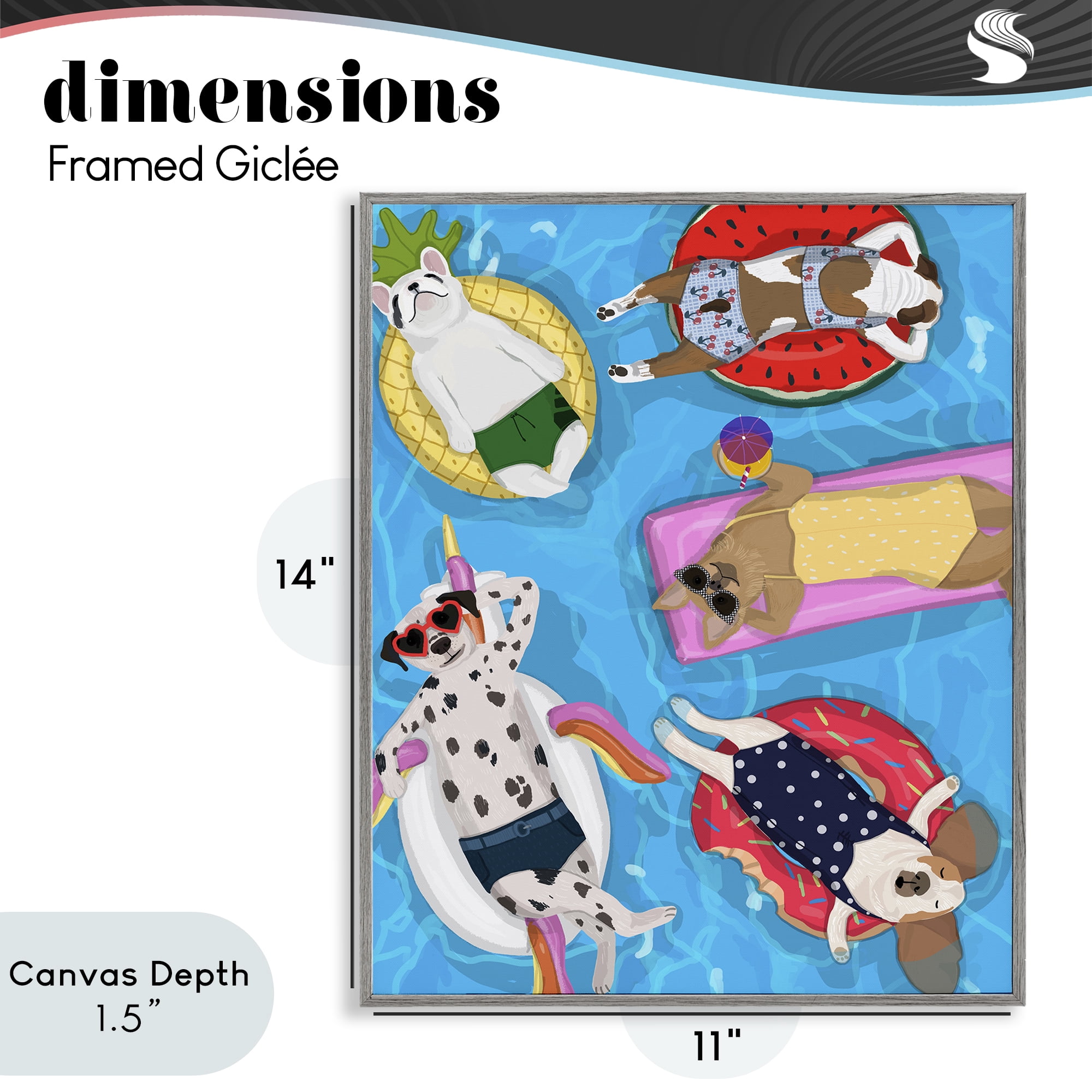 Stupell Industries Summer Sunbathing Dogs Gray Framed Giclee Art, design by Hanna Melin
