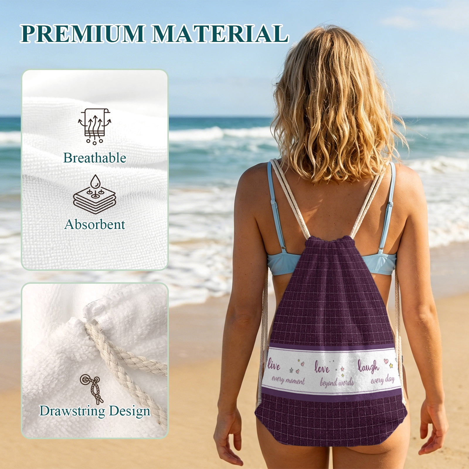 Beach Towel Bag 2 in 1 Live Love Laugh Bath Pool Towels Backpack Purple Buffalo Plaid Absorbent Beach Towel Soft Quick Dry Lightweight Towels Drawstring Bag for Travel Camping Sports Yoga Gym Picnic