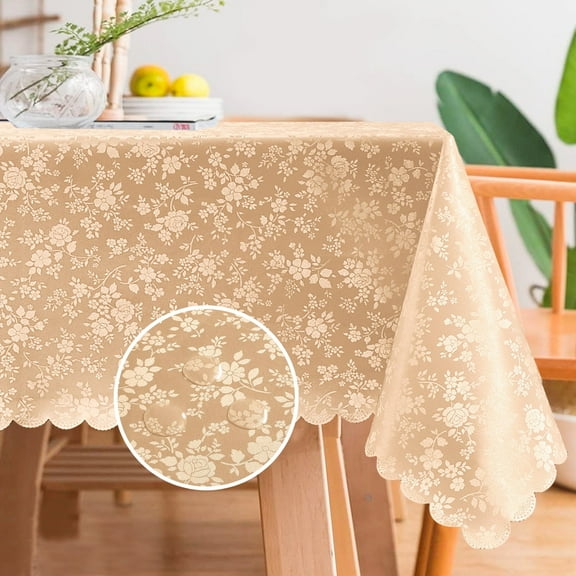 Romanstile Vinyl Tablecloth Rectangle, Heavy Duty 100% Waterproof Table Cover Wipeable PU Table Cloths for Dining, Kitchen (Rose Champagne, 60x84 inch)