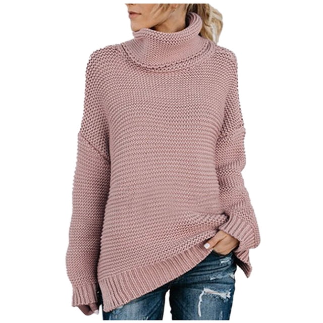 IROINID Women's Turtleneck Pullover Sweater Solid Color Loose Mid-Length Long Sleeve Thick Line Sweater