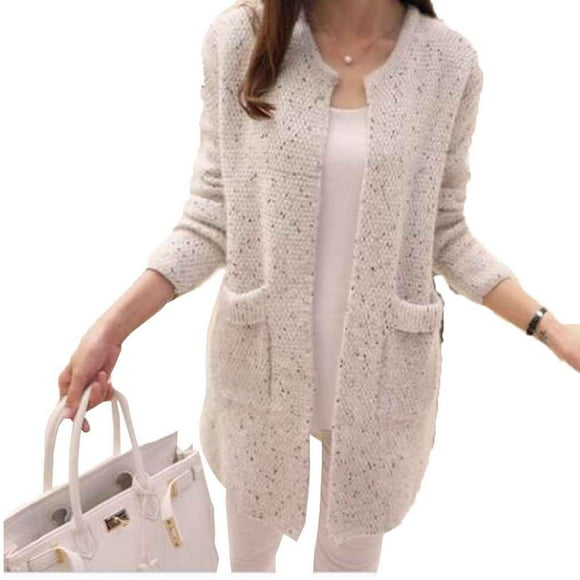outdoorline Women Spring/Autumn Mid Length Sweater Long Sleeve Cardigan Korean Slim Pocket Loose Knit Sweater Coat