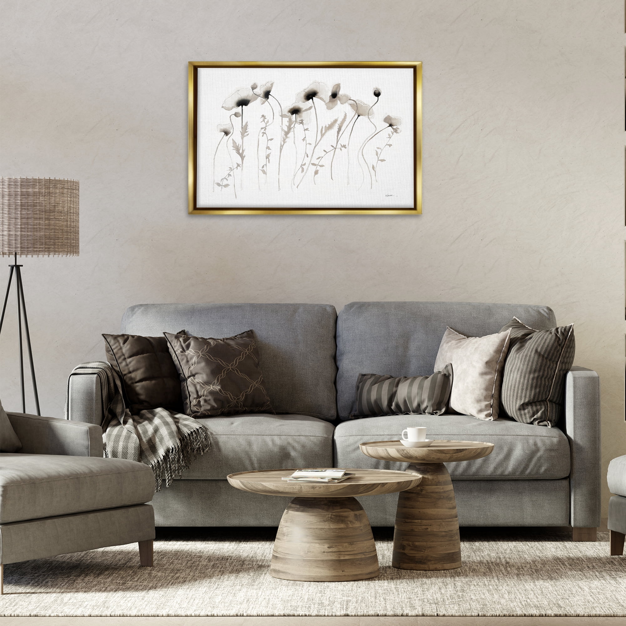 Stupell Industries White Poppy Sprigs Botanical & Floral Painting Gold Floater Framed Art Print Wall Art, 31 x 21