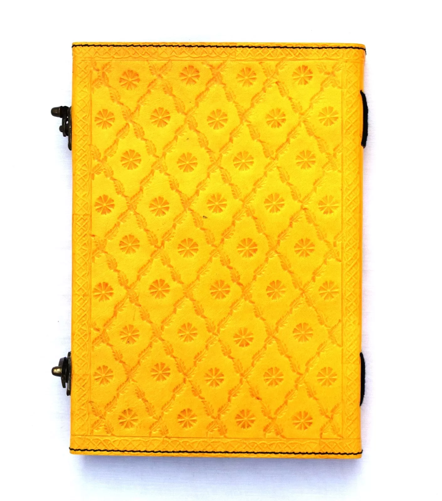 Handcrafted Embossed Design Vintage Leather Bound Journal Seven Stone Grimoire Yellow Diary Blank Notebook For Men & Women