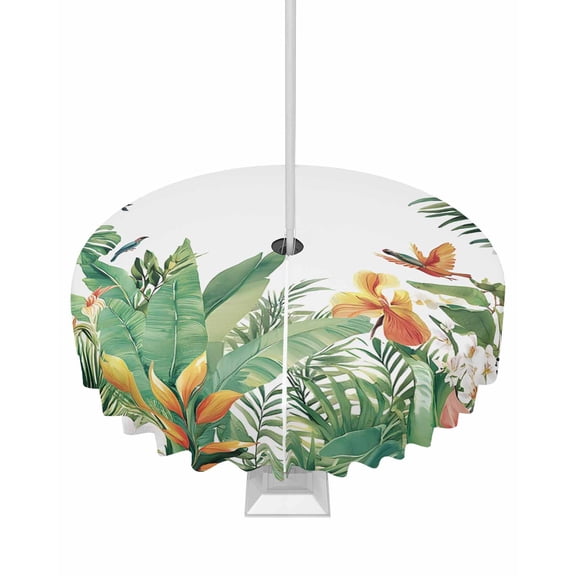 Hokiten Outdoor Tablecloths with Umbrella Hole & Zipper, Summer Tropical Botanical Round Tablecloths 60 Inch, Green Leaves Floral Waterproof Table Cloth, Patio/Pool/Picnic Table Covers