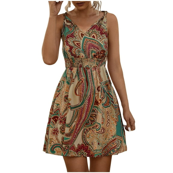 Uaswgudfs ​Sleeveless Bohemian V-Neck Flared Sundress - Summer Dresses for Women 2025 Casual Midi Dress with Paisley Floral Pattern Beige L