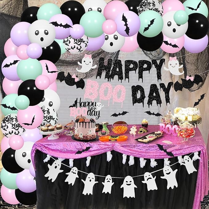 Pastel Halloween Birthday Decorations Happy Boo Day Balloon Garland Arch Kit for Girls Halloween Spooky Party Supplies