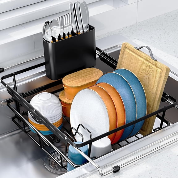Over the Sink Dish Drying Rack,In Sink Dish Drying Racks,Expandable Dish Rack Over Sink Counter,Adjustable Dish Drainer for Inside Sink with Utensil Holder, Stainless Steel Dish Strainer