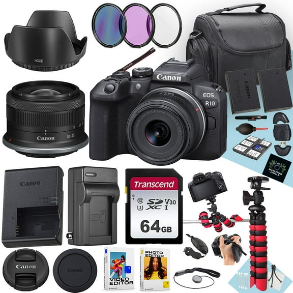 Canon EOS R10 Mirrorless Camera With RF-S 18-45mm f/4.5-6.3 IS STM Lens   64 GB Memory   Hood   Extra Battery   Battery Charger   Filters   More (27pc Bundle) (International Version)