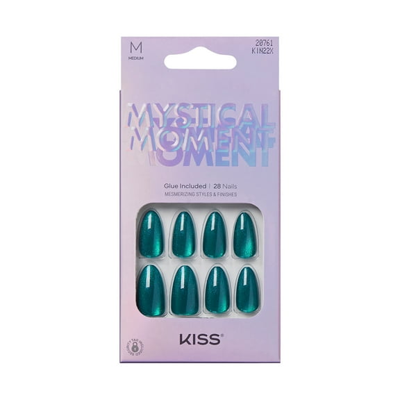 KISS Mystical Moment Press on Nails, Like a Queen, Green, Medium Almond, 28 Count